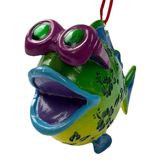Fish in Sunglasses Christmas Ornament Tropical Beach Fun Glazed Hibiscus - Picture 1 of 9